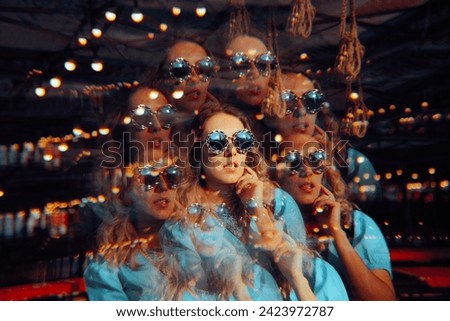 
Kaleidoscopic Portrait of a Puzzled Woman wearing Sunglasses Thinking 
Uncertain perplexed girl feeling dizzy wondering
