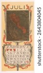 Kalenderblad juli met een eekhoorn (1902) by Theo van Hoytema, Tresling and Comp and Theo van Hoytema. Vintage calendar with decorative illustration. Vintage calendar design.