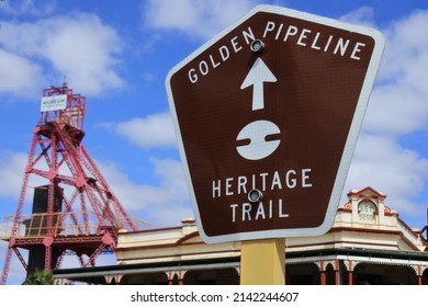 KALGOORLIE, WA - MAR 23 2022:Golden Pipeline Heritage Trail Sign In Kalgoorlie - Boulder Western Australia.The City Was Established In 1893 During The Western Australian Gold Rushes.