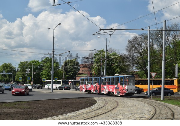Kaliningrad (ex Koenigsberg), Russia - May 10, 2016. A\
rare tramway section, which had not been abandoned or lifted, but\
overhauled instead in 2015-16 to serve the only surviving route No.\
5 