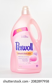 Kaliningrad, Russia - 09.11.2021 - Perwoll Liquid Laundry Detergent For Delicate Clothes. Detergent For Cleaning Dirty Laundry In Washing Machine Isolated On White Background