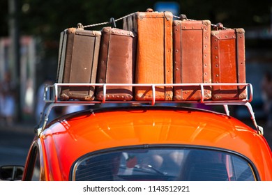 KALININGRAD, RUSSIA, 22 JULY, 2018: suitcases with things on the roof of the car