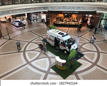 Kaliningrad, Russia - 4 October 2020. Emergency Car Inside A Shopping Center, Get Flu Shots While The Pandemic. Coronavirus 2020