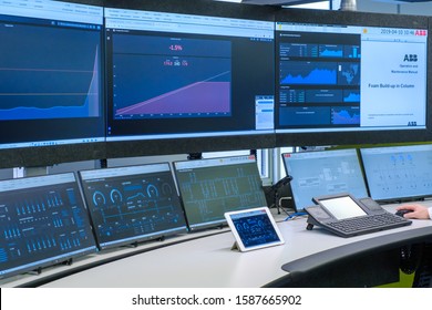Kaliningrad, Russia - April 10, 2019: Engineering monitoring system with multiple screens demonstration - Shutterstock ID 1587665902