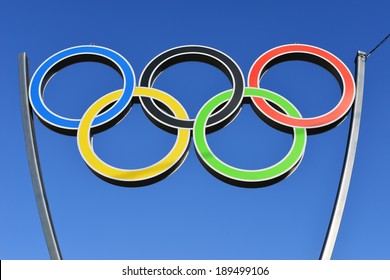 KALININGRAD, RUSSIA - APRIL 26, 2014: the Olympic rings on the square opposite the sports complex Yunost, on blue sky
