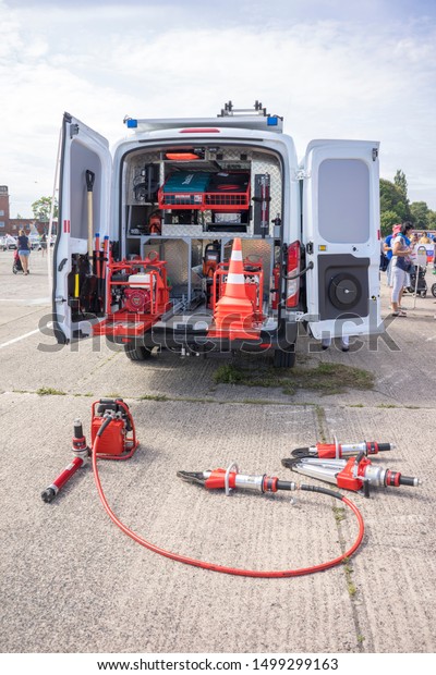 KALININGRAD, Russia - August 18, 2019: Emergency
Services Show, Ford Rescue Service Car, Special Emergency Rescue
Vehicle, Russian EMS Emergency Medical Services and Technical
Rescue
