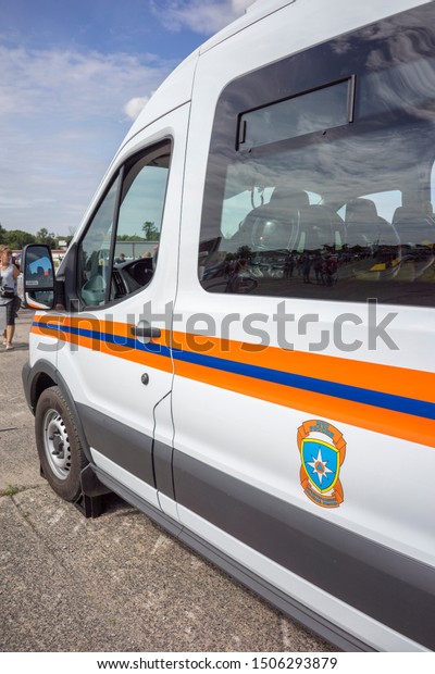 KALININGRAD, Russia - August 18, 2019: Emergency\
Services Show, Ford Rescue Service Car, Special Emergency Rescue\
Vehicle, Russian EMS Emergency Medical Services and Technical\
Rescue\
