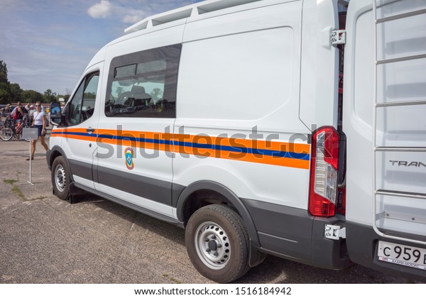 KALININGRAD, Russia - August 18, 2019: Emergency
Services Show, Ford Rescue Service Car, Special Emergency Rescue
Vehicle, Russian EMS Emergency Medical Services and Technical
Rescue
