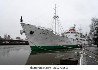 KALININGRAD, RUSSIA - December 15, 2021: Large Ship VITYAZ On Water Of Pregolya River. Exhibit Of Museum World Ocean. Research Vessel.