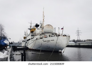 KALININGRAD, RUSSIA - December 15, 2021: Museum Of The World Ocean. Research Vessel KOSMONAVT Viktor Patsaev. The Pregolya River.