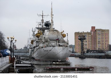 KALININGRAD, RUSSIA - December 15, 2021: Museum Of The World Ocean. Research Vessel KOSMONAVT Viktor Patsaev. The Pregolya River.