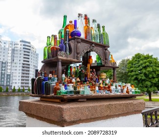 Kaliningrad, Russia, June 24, 2021. A Variety Of Souvenir Glass Vintage Bottle On A Showcase