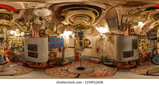 KALININGRAD, RUSSIA - SEPTEMBER 2018: panorama 360 angle view inside the submarine. Full spherical 360 degrees seamless panorama in equirectangular projection, VR