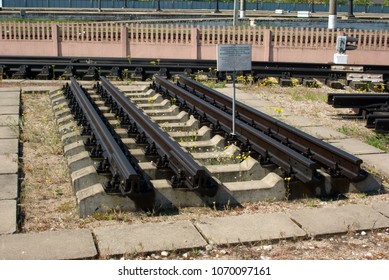 Kaliningrad / Russian Federation - May 11, 2008: Track Grating With Separate Terminal-bolt Fastening On Reinforced Concrete Sleepers Type K5 Gauge 1435 Mm / 1520 Mm With Russian Rails R-50