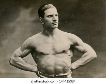 KALISZ, POLAND, CIRCA THIRTIES - vintage photo of muscular man with naked torso, Kalisz, Poland, circa thirties
