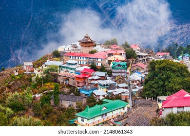 Kalpa and Kinnaur Kailash mountain aerial panoramic view. Kalpa is a small town in the Sutlej river valley, Himachal Pradesh in India