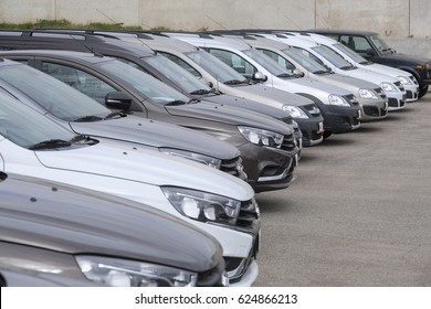 Kaluga, Russia - April, 20, 2017: New cars on a parking in car dealership of "Lada" in Kaluga, Russia