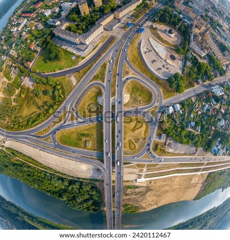 Kaluga, Russia. Panorama of the city from the air. Automobile interchange. Aerial view