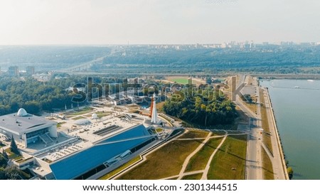 Kaluga, Russia. Yachenskaya embankment. Space rocket, Aerial View  