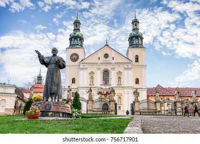 KALWARIA-ZEBRZYDOWSKA, POLAND - NOVEMBER 11, 2017: Basilica in Kalwaria Zebrzydowska and chapels of Way of Cross, architectural and park landscape complex in Kalwaria Zebrzydowska, Poland.