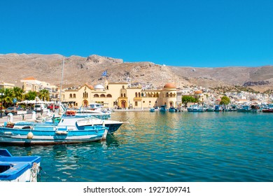 Kalymnos island, Greece - 9 August 2019: Sunset landscape of the coast and promenade of the island of Kalymnos - Shutterstock ID 1927109741