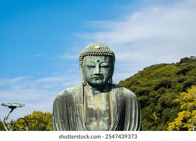 Kamakura, the Great Buddha of Kamakura a large bronze Buddha Statue at the Kotokuin Temple during autumn in Japan with blue sky and copy space. - Powered by Shutterstock