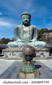 KAMAKURA , JAPAN - April 25, 2020 Kamakura Daibutsu. Landmark located at the Kotoku-in temple in Kamakura, Japan. Monumental bronze statue of Amitabha Buddha. Symbol of Japan. Big Buddha....