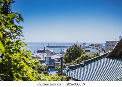 Kamakura, Kanagawa View fom the Hase Temple over the houses of Kamakura, Zushi and the Sea on a beautiful suny summer day Traveling Japan