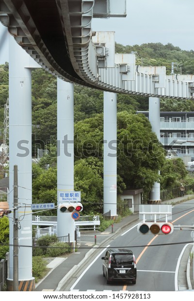Kamakura,Shonan,Kanagawa/Japan-May 20, 2019:\
The nice view of streetscape from inside of Shonan monorail. The\
line travels 6.6 km (4.1 miles) between Ofuna in Kamakura and\
Enoshima in\
Fujisawa.