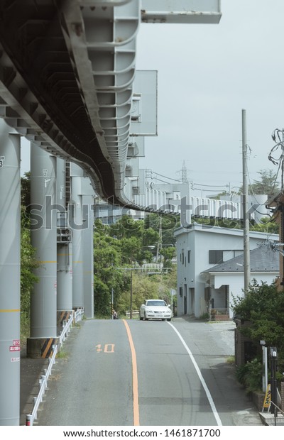 Kamakura,Shonan,Kanagawa/Japan-May 20, 2019:\
The nice view of streetscape from inside of Shonan monorail,  The\
line travels 6.6 km (4.1 miles) between Ofuna in Kamakura and\
Enoshima in\
Fujisawa.