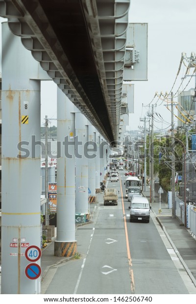 Kamakura,Shonan,Kanagawa/Japan-May\
20, 2019: The nice view of streetscape from inside of Shonan\
monorail, which is a safege system between Ofuna in Kamakura and\
Enoshima in Fujisawa.\
