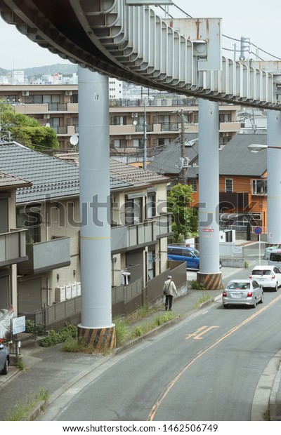 Kamakura,Shonan,Kanagawa/Japan-May
20, 2019: The nice view of streetscape from inside of Shonan
monorail, which is a safege system between Ofuna in Kamakura and
Enoshima in Fujisawa.
