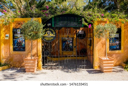 Kamari, Santorini / Greece: 18JUL2019:Santorini, Kamari Town Open Air Cinema. Main Entrance Of The Cinema Exterior.