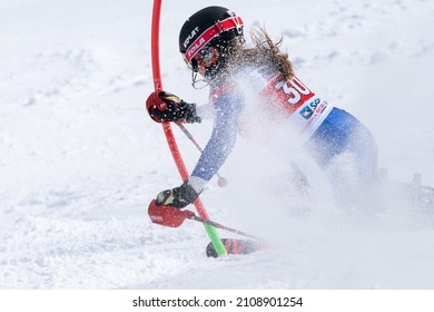Kamchatka mountain skier Lendya Ulyana skiing down mount slope. Russian Alpine Skiing Cup, International Ski Federation Championship, slalom. Moroznaya Mount, Kamchatka, Russia - March 29, 2019