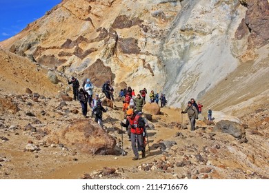 Kamchatka Peninsula, Russia — 13 September 2019: The ascent of tourists to the Mutnovsky volcano. Mutnovsky is one of the most active volcanoes of southern Kamchatka