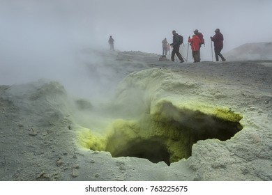 Kamchatka Peninsula, Russia - August 26, 2016: Tourists during the ascent to the active volcano Mutnovsky in Kamchatka.