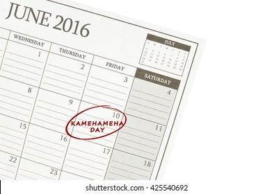 Kamehameha Day 10 June 2016 Calendar Isolated On White Background