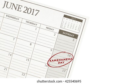 Kamehameha Day 10 June 2017 Calendar Isolated On White Background