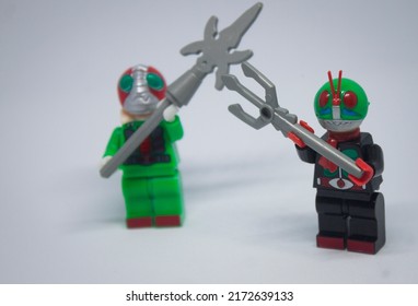 Kamen Rider Mini Figure Lego Model.  Simple Cheap Toys For Children, Lego, Superhero, Kids Playing Superhero, Abstract Concept Nobody. Bogor, 26 Juni 2022, Indonesia.

