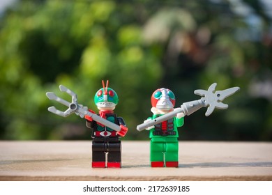 Kamen Rider Mini Figure Lego Model.  Simple Cheap Toys For Children, Lego, Superhero, Kids Playing Superhero, Abstract Concept Nobody. Bogor, 26 Juni 2022, Indonesia.

