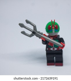 Kamen Rider Mini Figure Lego Model.  Simple Cheap Toys For Children, Lego, Superhero, Kids Playing Superhero, Abstract Concept Nobody. Bogor, 26 Juni 2022, Indonesia.

