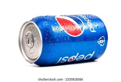 Kamenet - Podolsky, Ukraine - 12.01 2022: Footage Of Tin Can Or Metal Bottle Of Pepsi Coke Light Taste On White Background With Droplets On Can. 