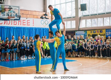 Kamenskoye, Ukraine - March 9, 2017: demonstration performances of acrobats at the championship in cheerleading
