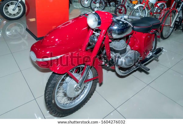   Kamensk-Shakhtinsky, Russia-August 17, 2019:\
Motorcycle Java 350/354 with side trailer- in the Museum of the\
Legend of the USSR