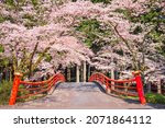 Kamijo, Shizuoka, Japan rural scene with cherry blossoms and a traditional bridge.