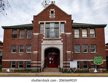 KAMLOOPS, B.C., CANADA - OCT. 27, 2021: Photo of the front entrance of the Kamloops Residential Indian School. The remains of over 200 children are believed to be buried on site in unmarked graves.
