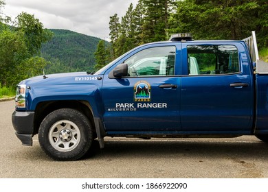 KAMLOOPS, CANADA - JULY 9, 2020: British Columbia Parks Park Ranger Blue Color Truck At Paul Lake