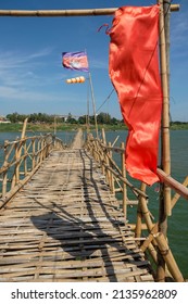 The Kampong Cham bamboo bridge in Cambodia is the longest in the world in Kampong Cham, Cambodia.
