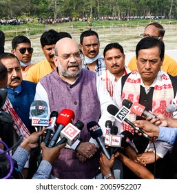 Kamrup,India-04 April 2021: Amit Shah Addressing Media In Sualkuchi,Assam.

