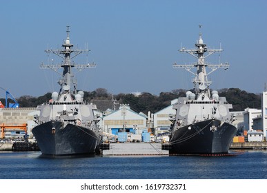 Kanagawa, Japan - February 20, 2010:United States Navy USS Fitzgerald (DDG-62) And USS Mustin (DDG-89), Arleigh Burke-class Destroyer.